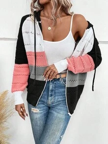 EMERY ROSE 撞色条纹抽绳连帽拉链针织开衫，长袖，长袖上衣 - 彩色 - 查看 3