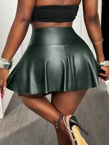 BamGleam Women's Solid Color High Waist PU Leather Skirt Pants - Green - View 2