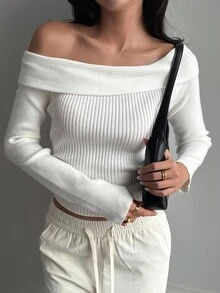 DAZY Women's Off Shoulder Tight-Fitting Turtleneck Sweater - White - View 6