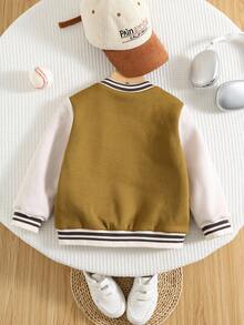 SHEIN 男童休闲舒适百搭撞色字母贴布装饰夹克，棒球服，保暖加厚冬季外套 - 黑色 - 查看 5