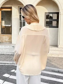 SHEIN Frenchy Áo cánh tay dài thanh lịch viền bèo nhún màu trơn dành cho nữ - Màu vàng - Xem 4