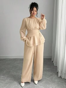 Elenzga Elegancki, francuski styl, bluzka z plisowanym wiązaniem i luźnymi spodniami w jednolitym kolorze, plus size, komplet 2 sztuk