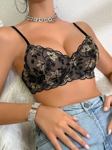 SHEIN Women's Elegant Floral Embroidered Mesh Bra - Black - View 4