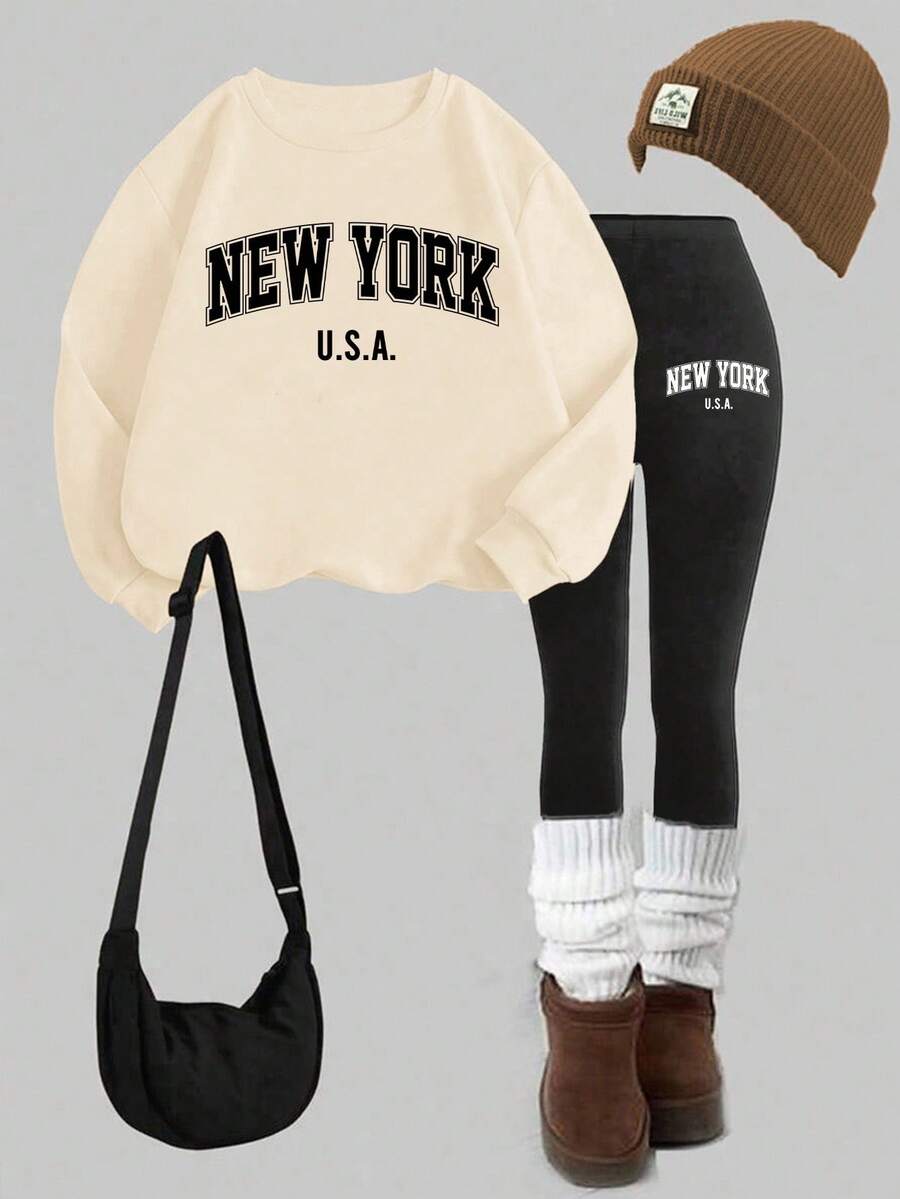 Slaydiva 2pcs MILANO Casual Slogan Letter Pattern Loose Crew Neck Sweatshirt And Skinny Leggings Set, Suitable For Spring And Autumn