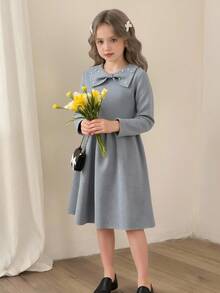 Sparklyn Tween Girls' Sweet Cute Autumn/Winter New Style Fashionable Lace Pearl Collar Gray Dress - Soft Versatile Lapel Long-Sleeve Sweater Dress, Princess-Style Knit Dress For Girls Fall