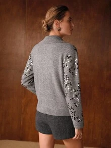 MOTF PREMIUM 女式亮片装饰领毛衣，奢华休闲，秋冬 - 灰色 - 查看 3