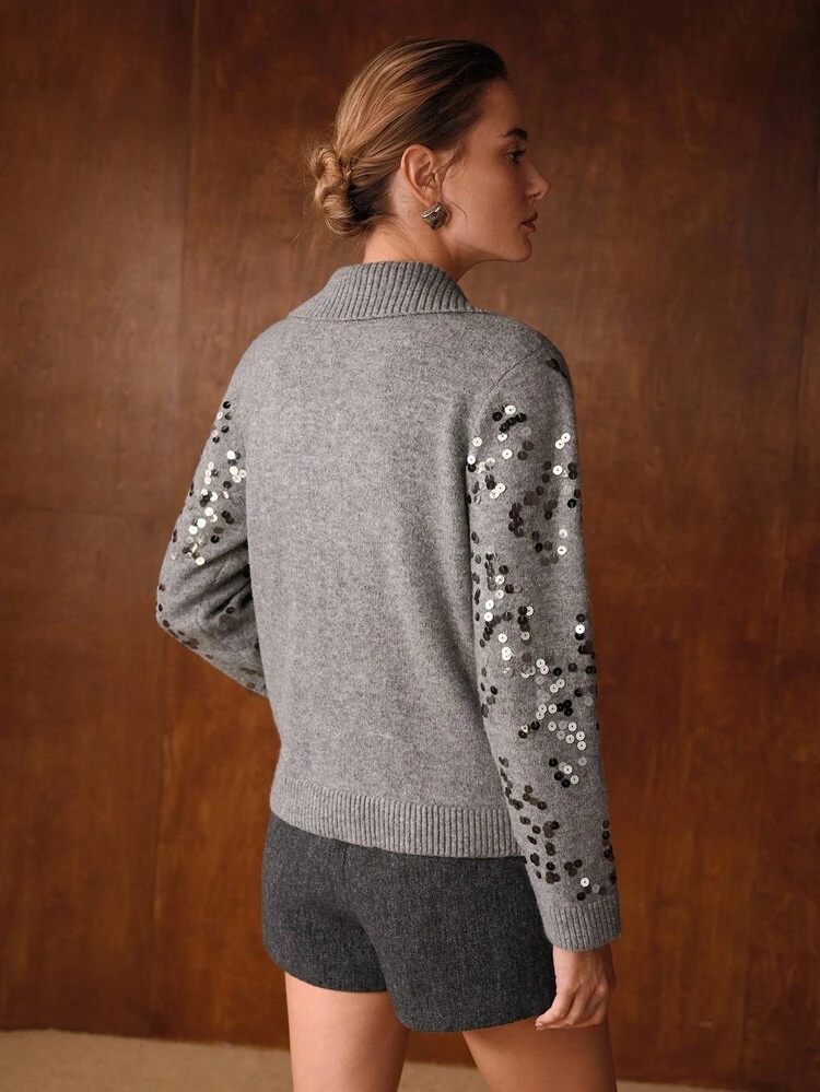 EMBELLISHED SEQUIN COLLAR WOMEN SWEATER, LUXURIOUS CASUAL, AUTUMN/WINTER