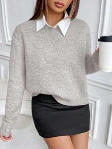 SHEIN Suéter de punto de cuello redondo de manga larga y unicolor de estilo casual - Gris Claro - Ver 3