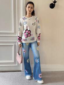 少女全身花卉印花休闲运动衫和牛仔效果裤套装 - 彩色 - 查看 4