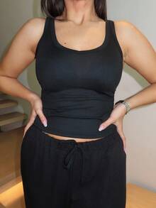 MDEdit Minimalistisches, sexy, sportliches Strick-Camisole-Trägershirt, Slim Fit - Schwarz - Übersicht 5