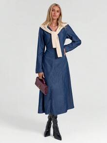 Avantive 女士时尚通勤束腰牛仔连衣裙 - 中等水洗藍 - 查看 1