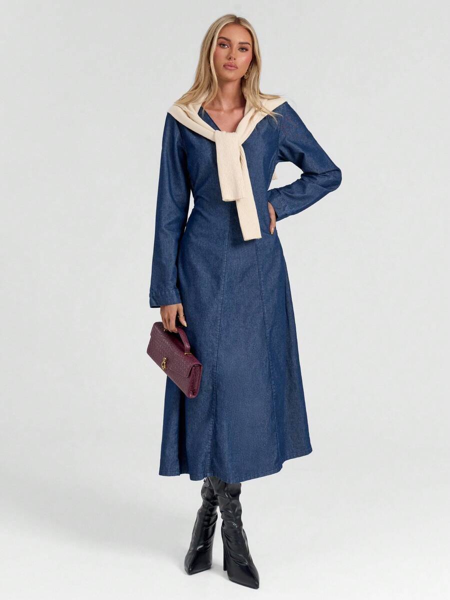 Avantive 女士时尚通勤束腰牛仔连衣裙 - 中等水洗藍 - 查看 1