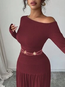 Elenzga Spring & Autumn Back To School New Brown Elastic Striped Relaxed Suit, Oblique Shoulder Design Pleated Fitted Long Sleeve T-Shirt + High Waist Pleated Flared Skirt 2 Pieces Set For Women - Burgundy - View 4