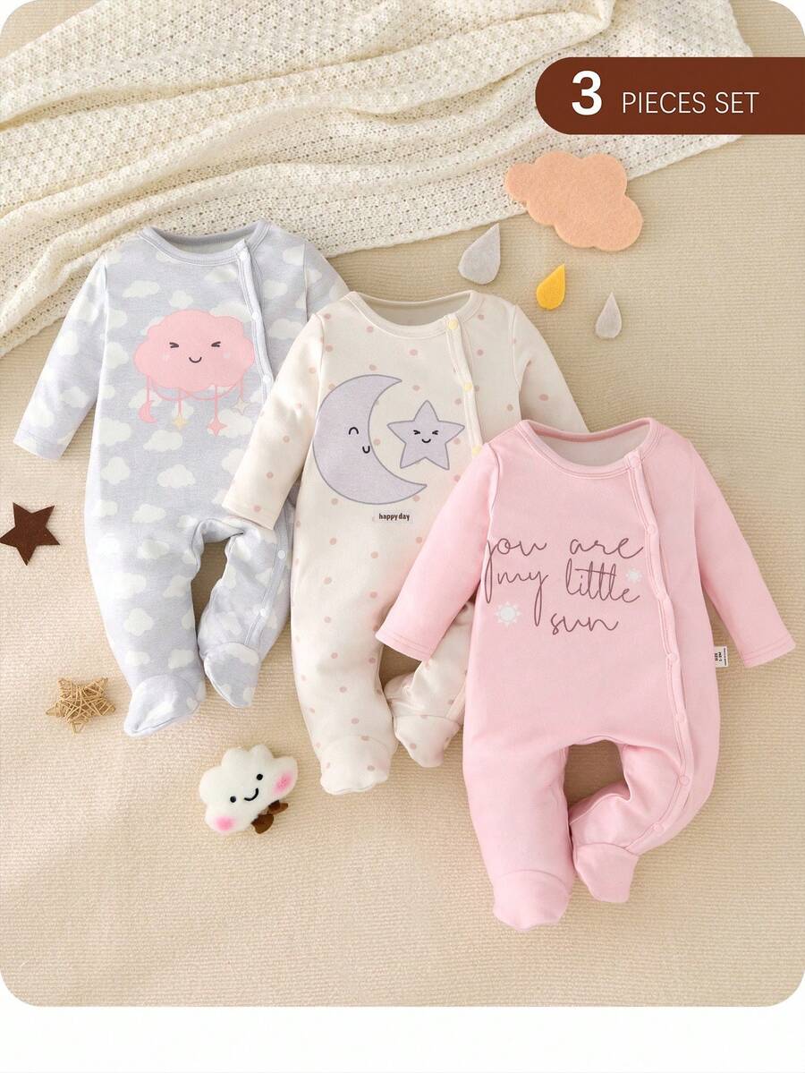 SHEIN 儿童新生女宝宝三件套可爱云朵和月亮图案圆领长袖连脚前按扣连体衣休闲睡衣套装 - 彩色 - 查看 1