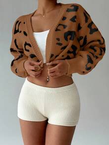 SHEIN MOOSTA Cardigan Longgar Kasual Motif Leopard dengan Bukaan Depan, Musim Gugur/Dingin - MultiWarna - View 7