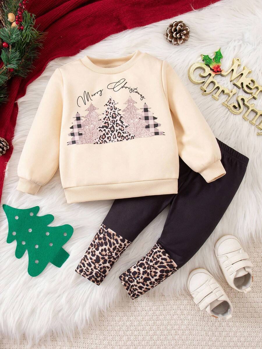SHEIN Bộ 2 món cho bé gái, gồm áo khoác dài tay giữ nhiệt in hình hoạt hình dễ thương và quần in họa tiết da báo, thích hợp cho mùa thu/đông và Giáng sinh. Bộ đồ hai mảnh cho bé gái, quần áo mùa đông cho bé gái, bộ đồ mùa đông cho bé gái. - Nhiều màu - Xem 1
