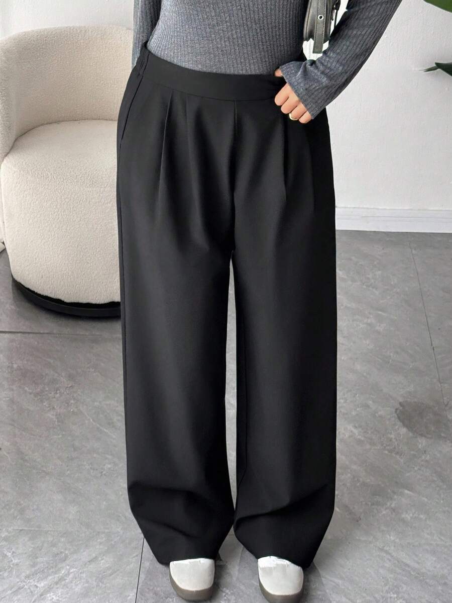 Dazy Plus Pantaloni lunghi casual e da lavoro, a gamba dritta, con vita regolabile a strappo, di colore unito - nero - Visualizzare 1