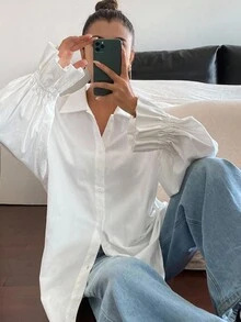 Livesso Áo sơ mi dài tay trơn màu trắng đơn giản, đa năng dành cho nữ - trắng - Xem 4