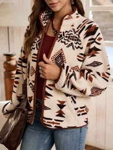 Chaqueta regular de mujer LanaWest con estampado, ribete de contraste, casual, albaricoque