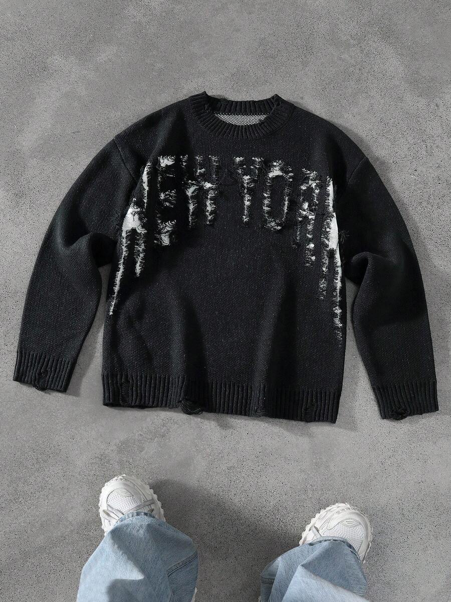 Manfinity EMRG Men's Casual Letter Distressed Crew Neck Long Sleeve Sweater, Autumn/Winter - Black - View 1
