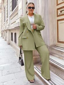 EURMUSE 大码两件套 - 纯色夹克和裤子，休闲/正装 - 軍綠色 - 查看 1