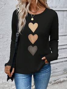 EMERY ROSE 女士心形印花圆领宽松休闲长袖T恤 - 黑色 - 查看 6