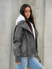 SAYEHFBABY Áo khoác xe máy cổ điển ve áo bằng da PU giặt - Màu xám đen - Xem 6