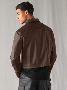 SWAVVY 男士梭织休闲日常宽松长袖拉链衬衫，适合秋冬 - 棕色 - 查看 2