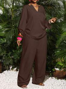 Slaydiva 大码/西式女装休闲纯色V领长袖上衣和裤子两件套，秋季女装 - 棕色 - 查看 6