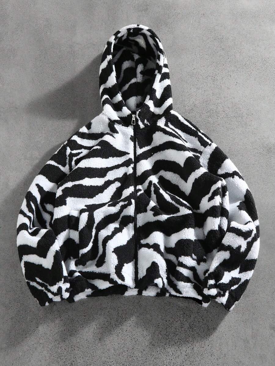 PAVTROS Men's Fashionable Zebra Print Hooded Jacket, Autumn/Winter - Black - View 1