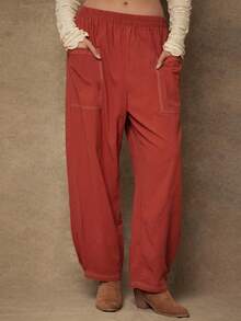 Freevana Plus Size Casual Retro Loose Fit Pants With Dual Pockets - Redwood - View 1
