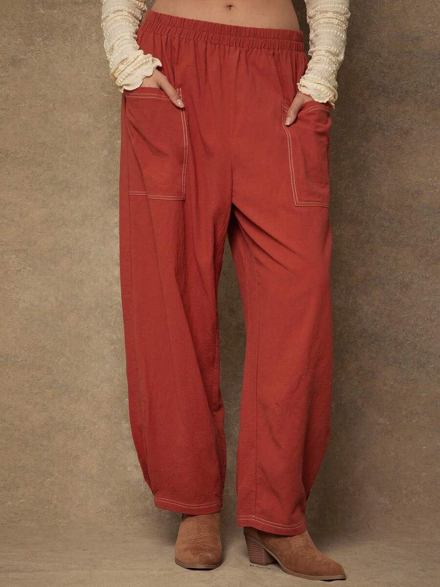 Freevana Plus Size Casual Retro Loose Fit Pants With Dual Pockets - Redwood - View 1