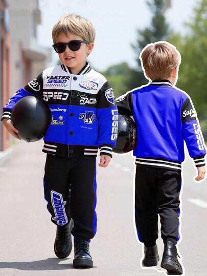 SHEIN 2pcs/Set Young Boy's Casual Red & Black Contrast Letter & Race Car Print Baseball Jacket Paired With Elastic Waist Pants, Suitable For 4Y-7Y Toddler Boys Outdoor Wear