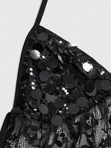 ROMWE Avant Y2K 派对露背细肩带短款上衣和低腰亮片短裤两件套女款 - 黑色 - 查看 7