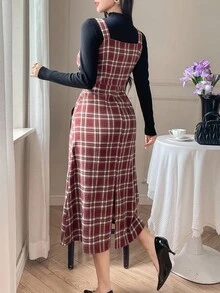女式休闲格子无袖方领吊带中长连衣裙，秋季 - 紅色 - 查看 2