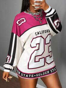 Slaydiva 2025 New Summer And Early Autumn New Casual Street Sports Style Daily Dating Music Festival Round Neck Long Sleeve Drop Shoulder Super Loose T-Shirt 23 Digital Slogan Logo Print Brown Splicing White Print Women's T-Shirt