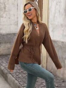 Brillora Cárdigan de punto casual de manga larga con hombros caídos y unicolor para mujer, otoño/invierno