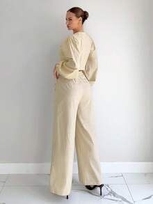 Siren Gaze 2pcs/Set Women Linen V-Neck Flare Sleeve Top And Casual Straight Leg Long Sleeve Pants Set, Khaki Winter