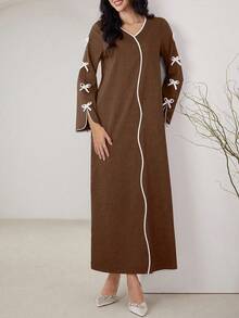 Yasmyna 女士优雅浪漫蝴蝶结撞色条纹派对连衣裙，休闲 A 字型阿拉伯连衣裙，适合日常休闲 - 棕色 - 查看 3