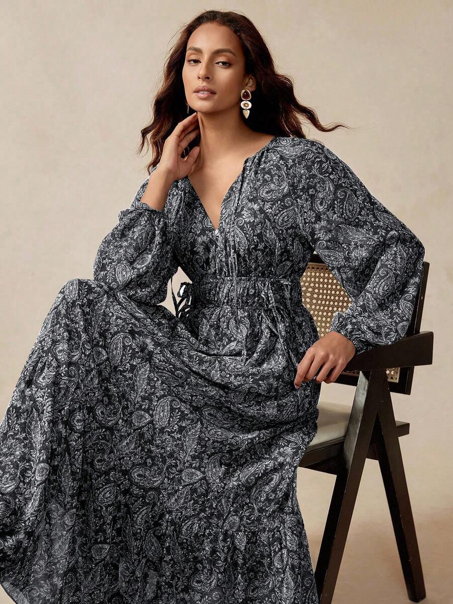 Florisole 女式波西米亚复古佩斯利印花宽松 A 字优雅灯笼袖设计系带装饰连衣裙，春秋 - 深灰色 - 查看 1