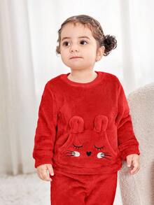 Completo da bambina con top a maniche lunghe con motivo carino e morbido e pantaloni a vita elastica, outfit rosso autunnale/invernale, abbigliamento invernale per bambine, set da 2 pezzi, abbigliamento invernale in pile - Rosso - Visualizzare 5