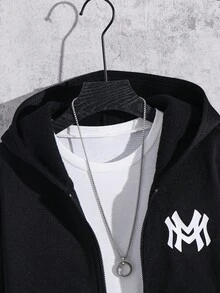 SHEIN 男童休闲运动街头风连帽衫卫衣裤套装，字母印花，适合通勤、上学、日常休闲、旅行、运动，四季皆宜 - 黑色 - 查看 5