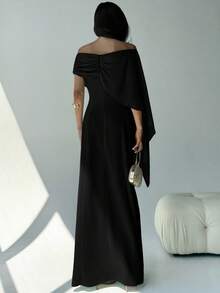 Aloruh 新款露肩船领飘逸修身设计感生日迷你连衣裙派对鸡尾酒会百搭绿色美人鱼下摆长裙，婚礼宾客礼服 - 黑色 - 查看 5