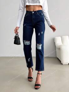 RueChic Women's Pockets Distressed Straight Leg Loose Casual Versatile Jeans - Dark Wash - View 5