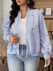 Weeklong Plus Size Women Heart Striped Long Sleeve Zip Up Front Baseball Jacket - Blue - View 5