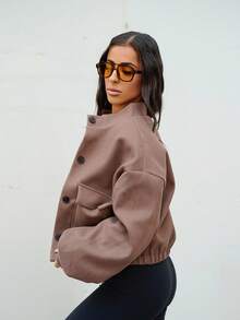 SAYEHFBABY Solid Coloured Stand Collar Pocket Short Jacket For Women,Fall Clothes - Coffee Brown - View 6