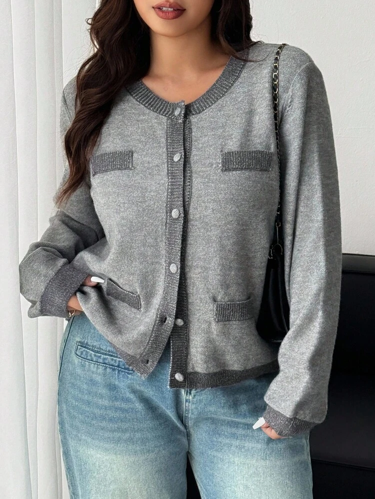 Dazy Plus Color Block Round Neck Faux Pocket Fashion Casual Cardigan Sweater, Plus Size Women, Autumn/Winter