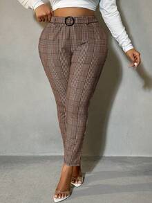 SHEIN SXY Quần âu ôm vừa vặn họa tiết răng sói màu nâu cỡ lớn dành cho nữ, mùa thu - màu nâu - Xem 8