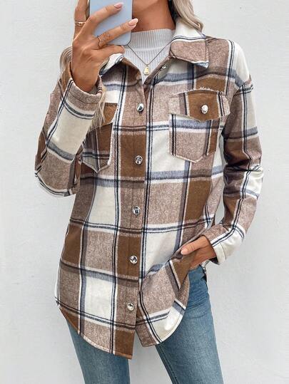 EMERY ROSE Women's Plaid Single-Breasted Casual Fleece Jacket, Autumn/Winter