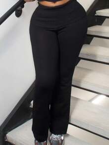 Alexandranx Black Tight Waist-Cinching Flared Maxi Pants & Sweater Set For Young Women, Suitable For Commuting, Home, And Outings, Fall And Winter, Casual, Black - Black - View 3